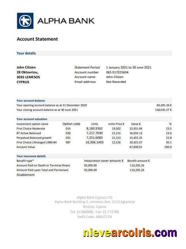 Cyprus Alpha Bank statement easy to fill in Excel and PDF format